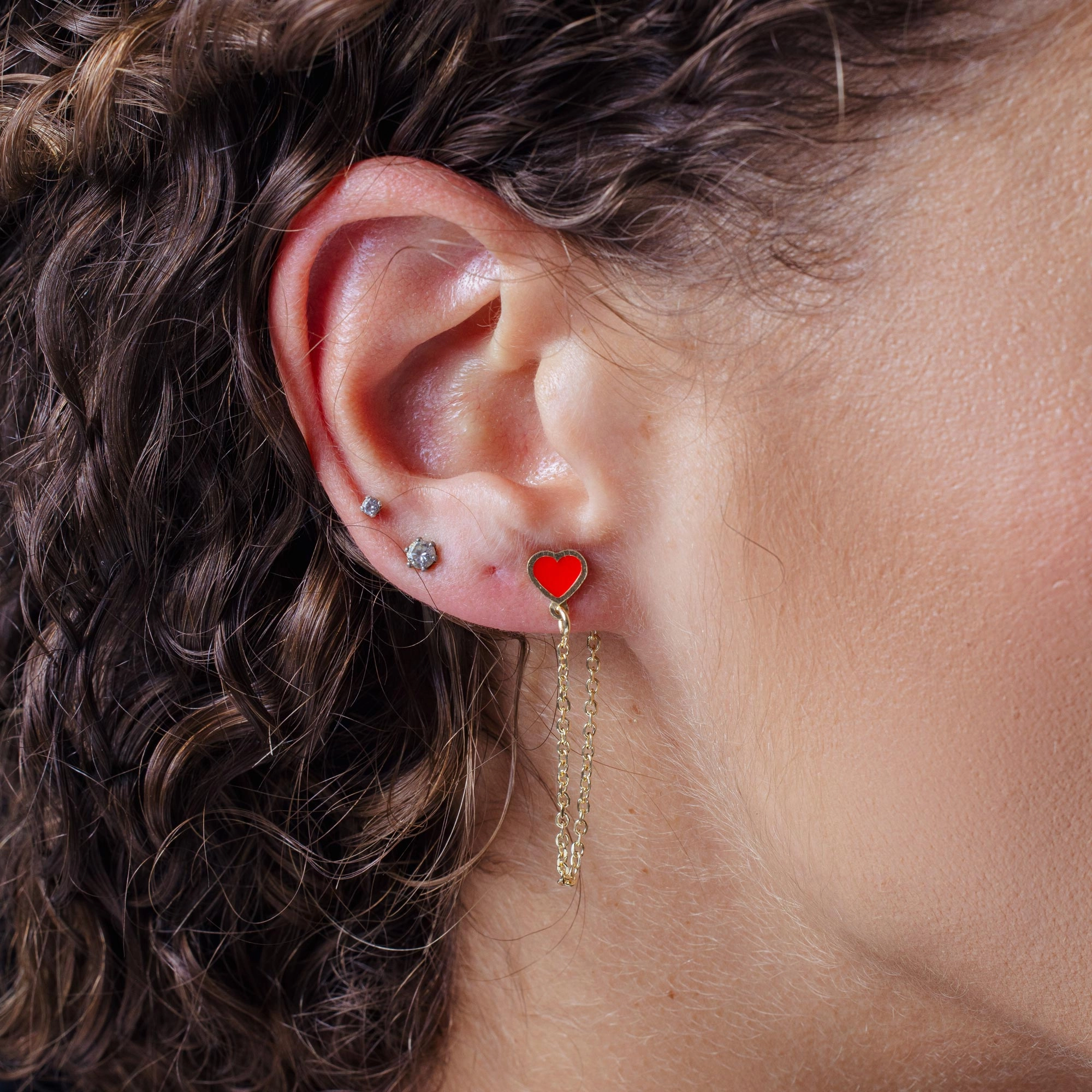 Gold Plated 925 Sterling Silver Dangling Heart Red Enamel Stud Earrings - ITE00096-GP