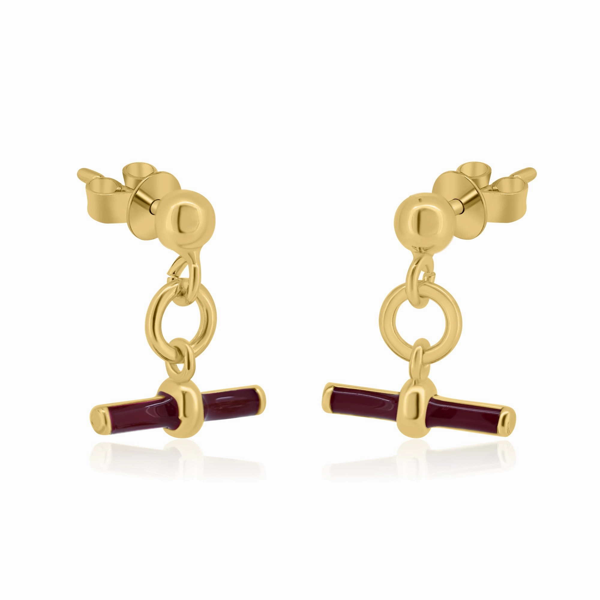 Gold Plated 925 Sterling Silver Dangling Red Enamel Bar Stud Earrings - ITE00097-GP