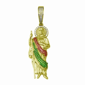 Gold Plated 925 Sterling Silver Multi Color CZ  St Jude Hip Hop Pendant - SLP00342GP