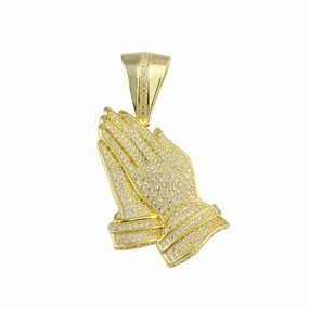 Gold Plated 925 Sterling Silver Praying Hand CZ Hip Hop Pendant - SLP00152GP