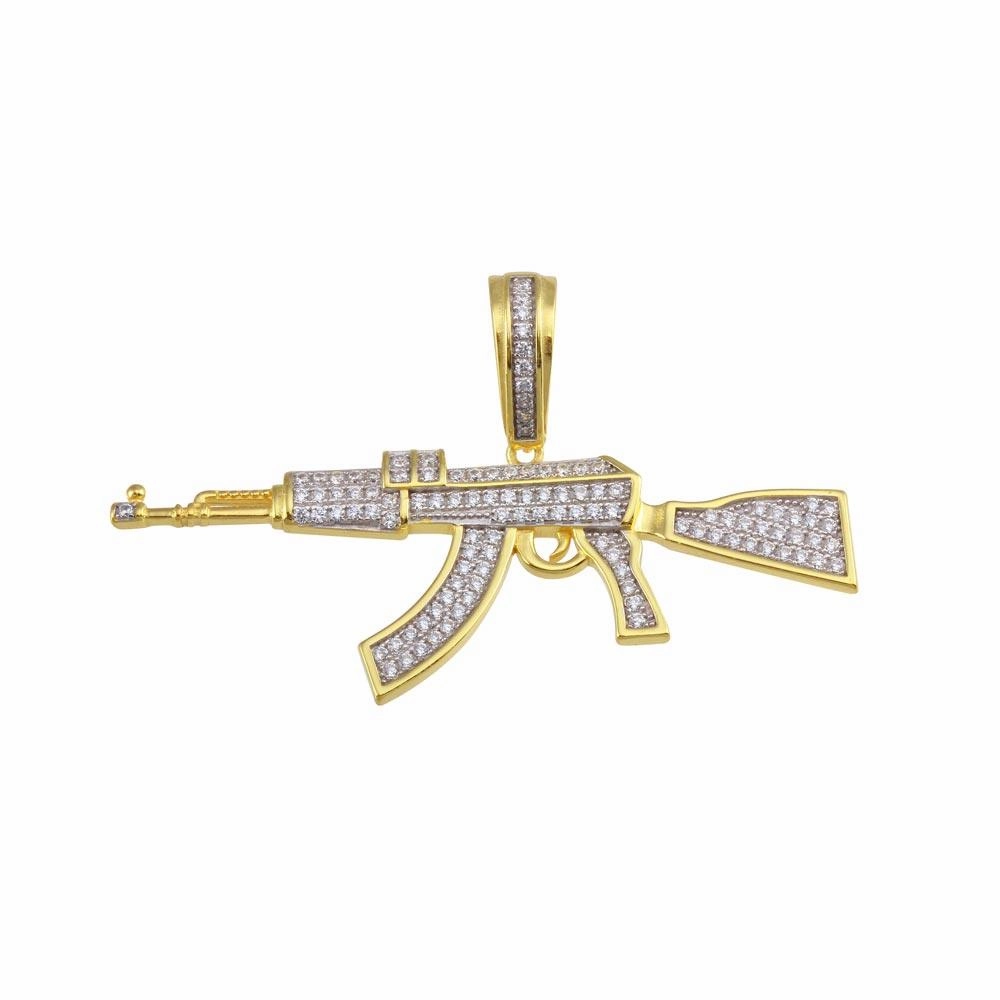 Gold Plated 925 Sterling Silver Riffle CZ Hip Hop Pendant - SLP00199GP
