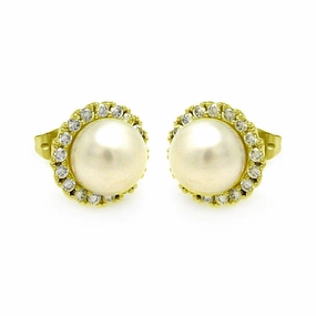Gold Plated 925 Sterling Silver Round CZ Center Fresh Water Pearl Stud Earrings - BGE00253GP
