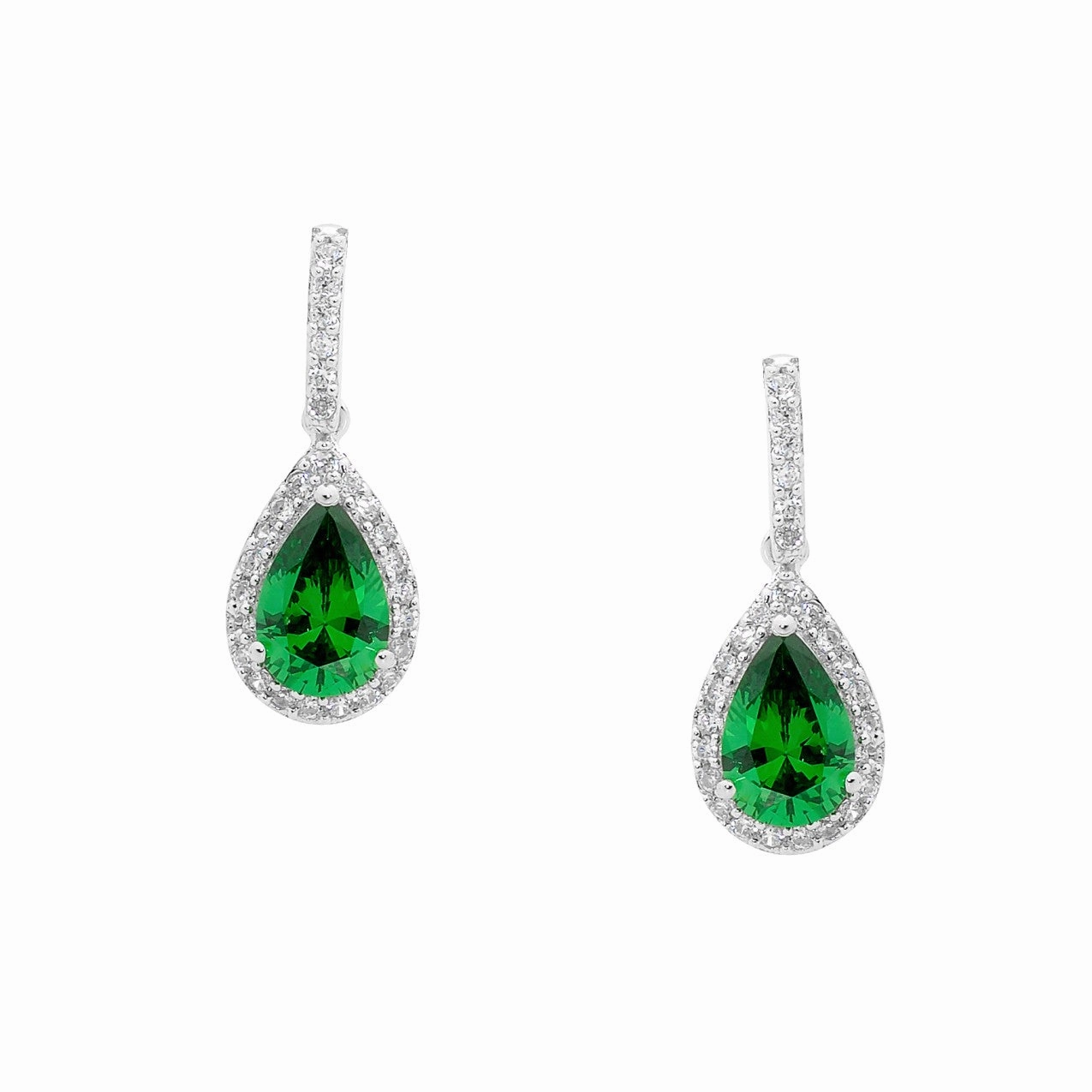 Green CZ Pear Drop with White CZ Surround - Pendant & Earring