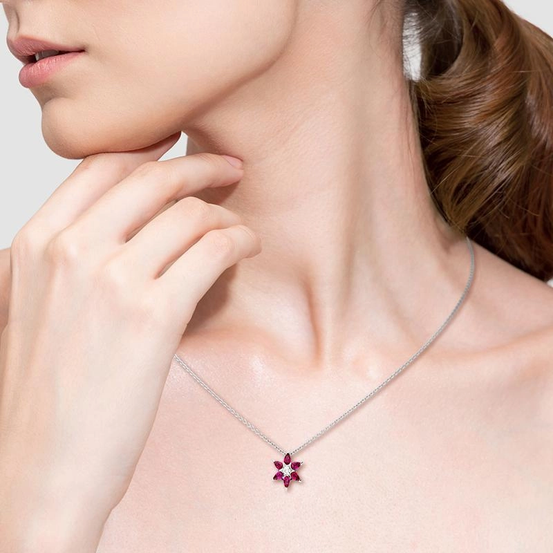 Hans D. Krieger 18ct White Gold 0.91ct Ruby Diamond Flower Necklace