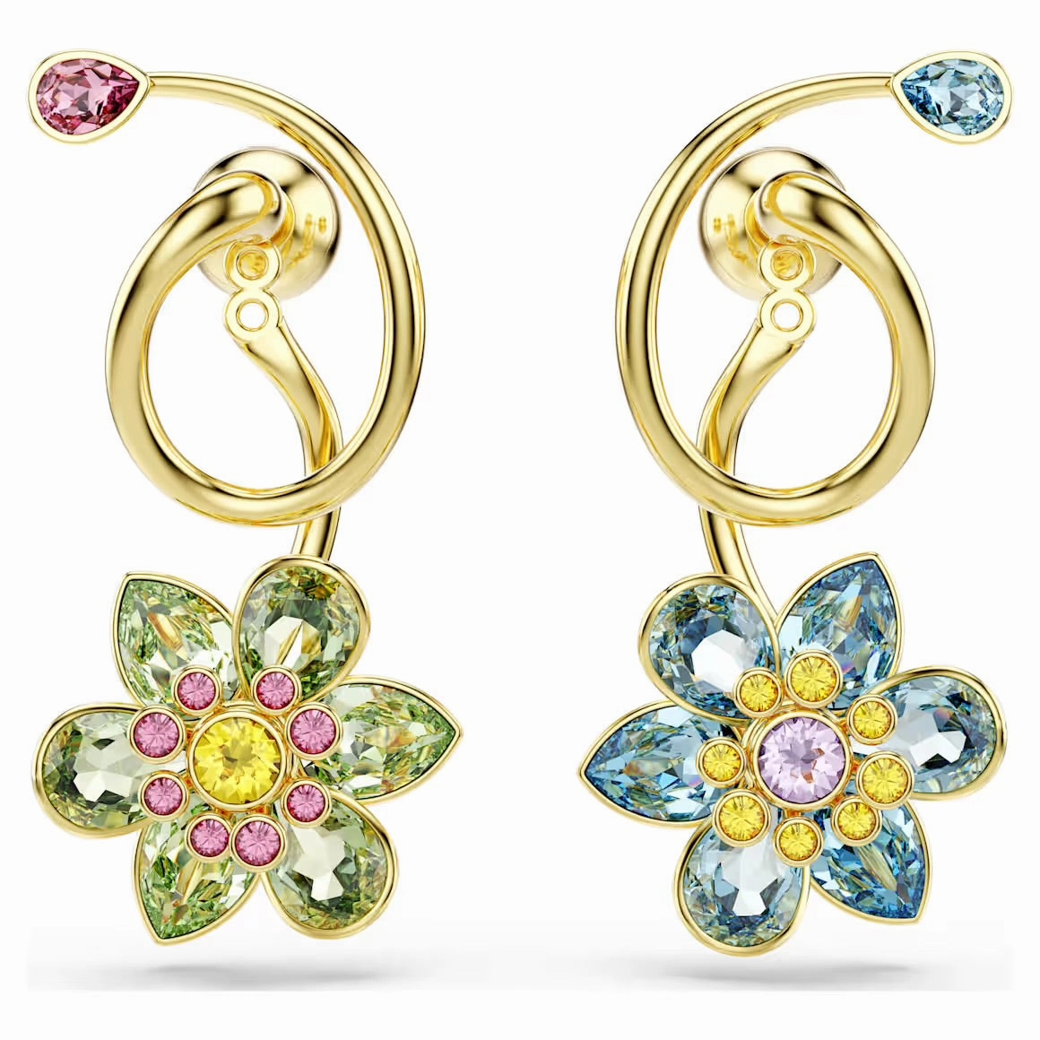Idyllic Asymmterical Multicoloured Flower Mixed Cuts Gold Drop Earrngs