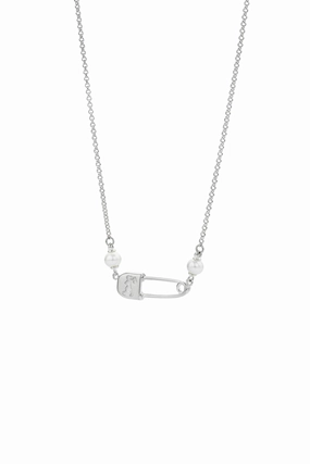 Karen Walker - Runaway Safety Pin Necklace with 2 x 4mm Freshwater Pearls Silver