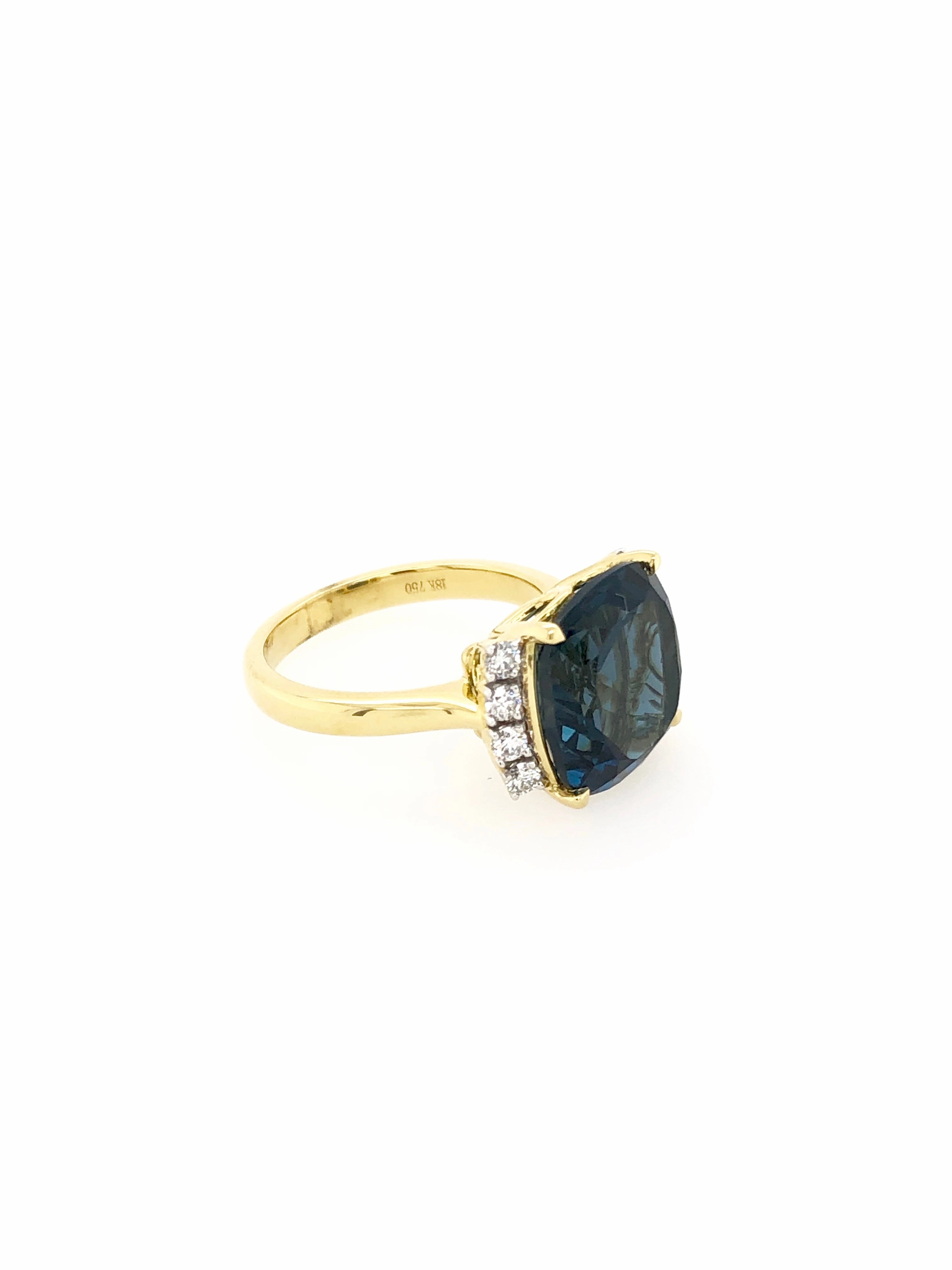 London Blue Topaz Cushion Cut Yellow Gold Ring
