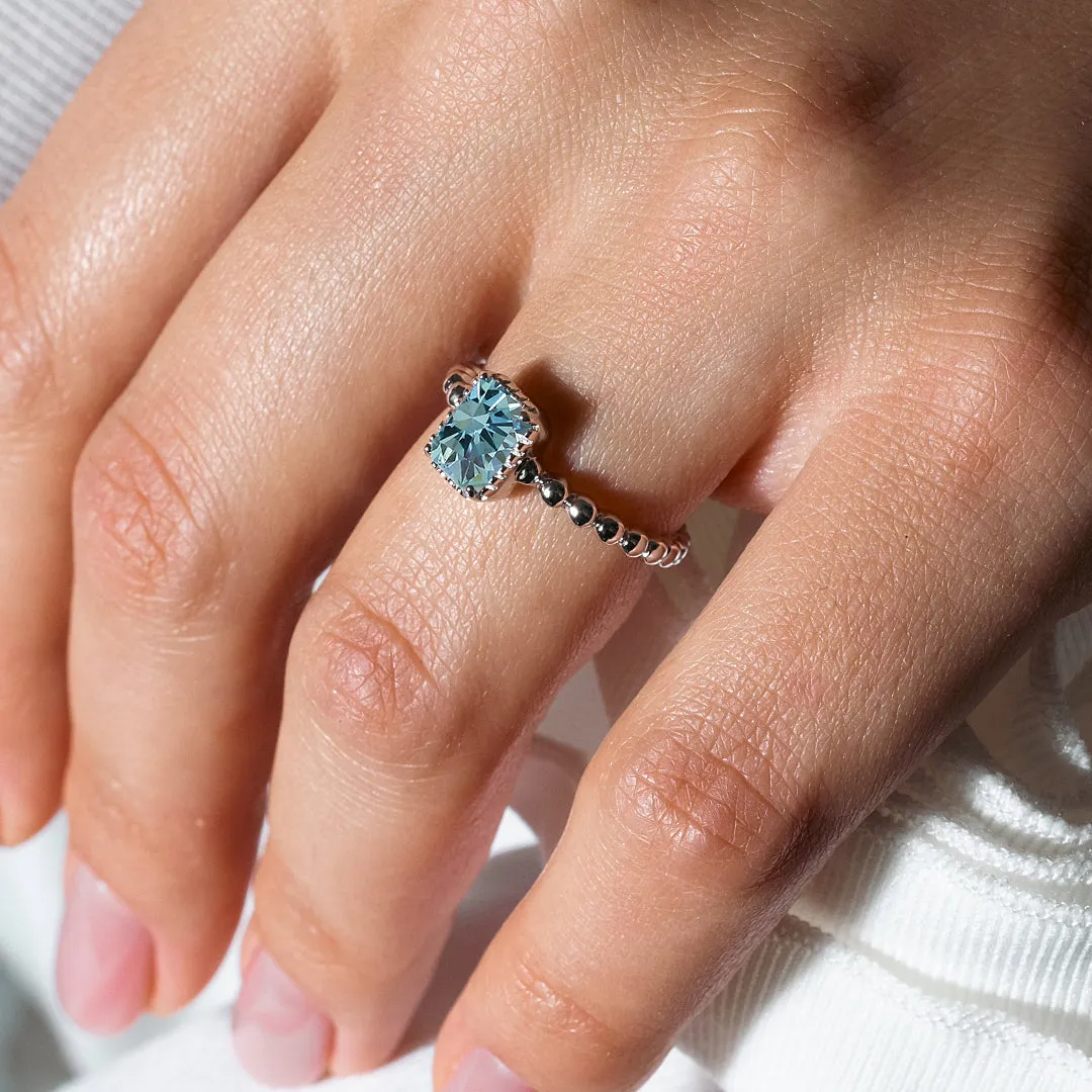 March Sterling Silver 925 Rhodium Plated Beaded Shank Square Center Birthstone Ring - BGR01081MAR