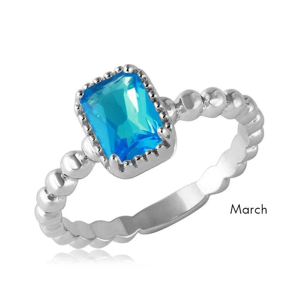 March Sterling Silver 925 Rhodium Plated Beaded Shank Square Center Birthstone Ring - BGR01081MAR