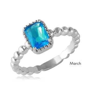 March Sterling Silver 925 Rhodium Plated Beaded Shank Square Center Birthstone Ring - BGR01081MAR