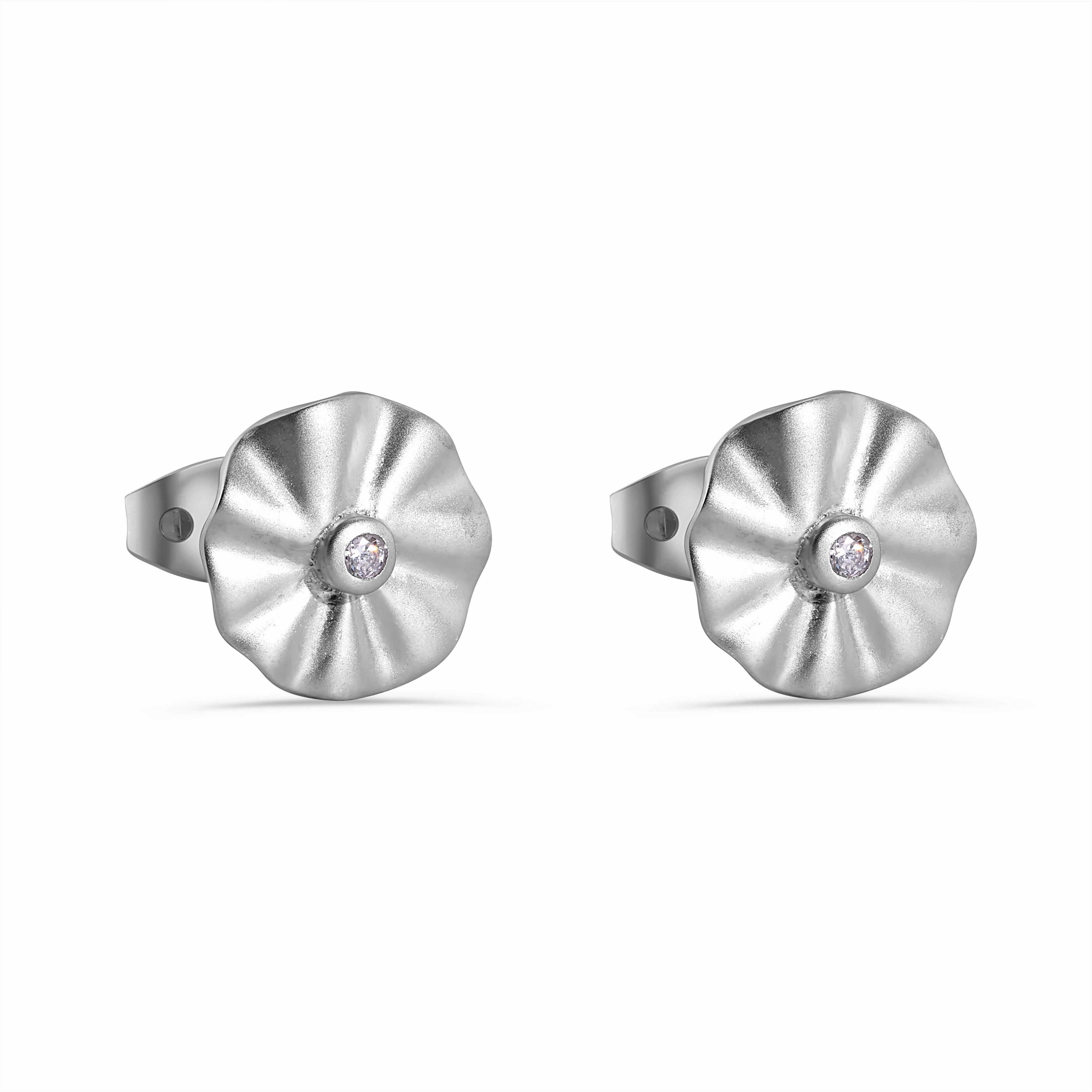 Matte Silver Finish 925 Sterling Silver Wave Disc Center Clear CZ 10mm Stud Earrings - BGE00413