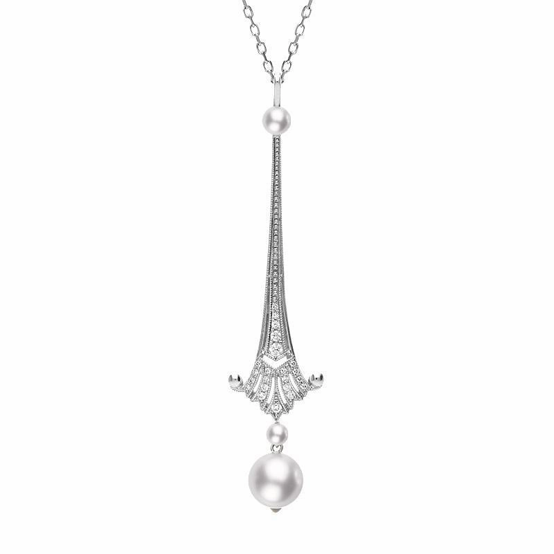 Mikimoto 18ct White Gold Akoya Pearl Diamond Art Deco Necklace