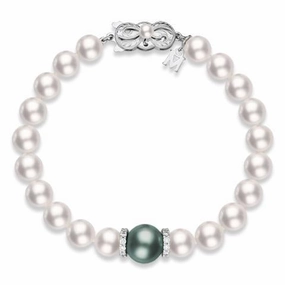 Mikimoto 18ct White Gold Black South Sea and Akoya Pearl 0.40ct Diamond Bracelet