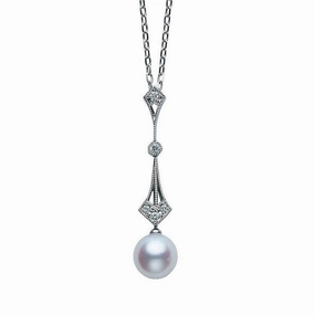 Mikimoto 18ct White Gold Diamond 7.5mm White Akoya Pearl Drop Pendant
