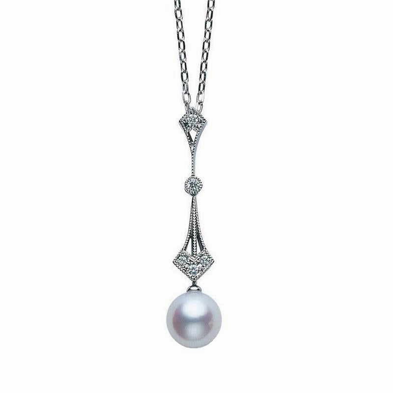 Mikimoto 18ct White Gold Diamond 7.5mm White Akoya Pearl Drop Pendant