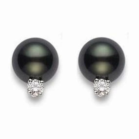 Mikimoto 18ct White Gold Diamond 8mm A  Black South Sea Pearl Stud Earrings