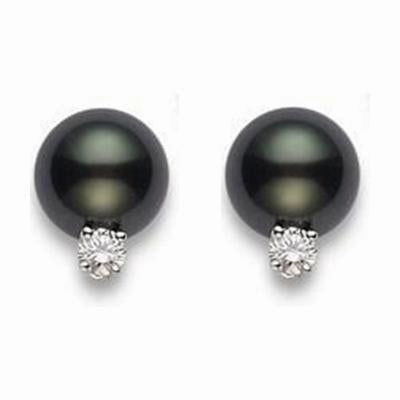 Mikimoto 18ct White Gold Diamond 8mm A  Black South Sea Pearl Stud Earrings