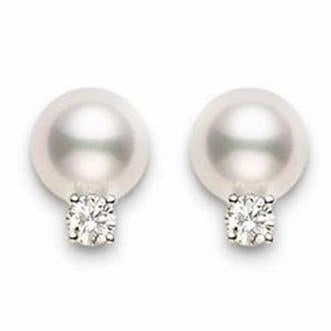 Mikimoto 18ct White Gold Diamond 8mm White AA Akoya Pearl Stud Earrings