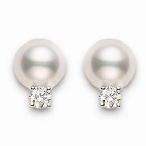 Mikimoto 18ct White Gold Diamond 8mm White AA Akoya Pearl Stud Earrings