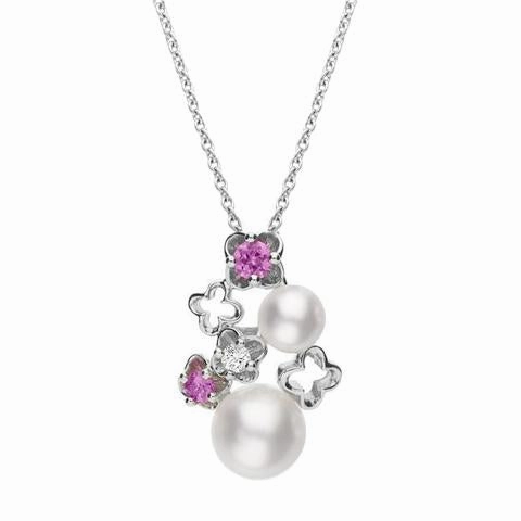Mikimoto 18ct White Gold Diamond Pink Sapphire Akoya Pearl Flower Pendant