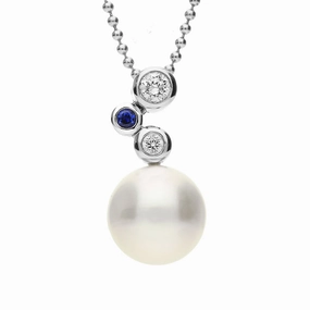 Mikimoto 18ct White Gold Diamond Sapphire Akoya Pearl Drop Necklace