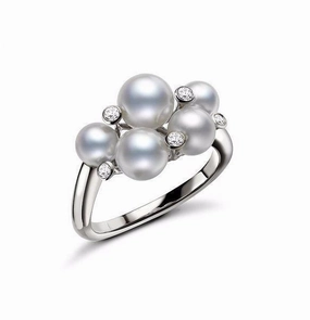 Mikimoto 18ct White Gold Diamond White Akoya Pearl Bubble Ring