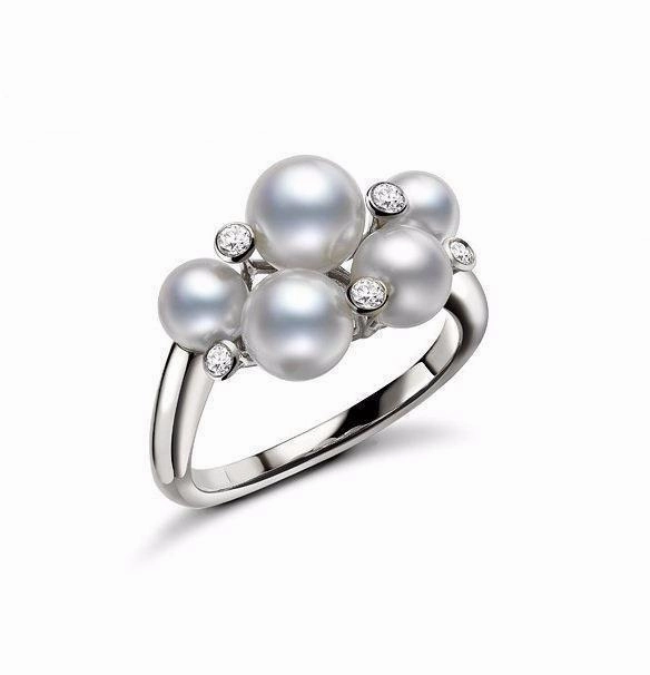 Mikimoto 18ct White Gold Diamond White Akoya Pearl Bubble Ring