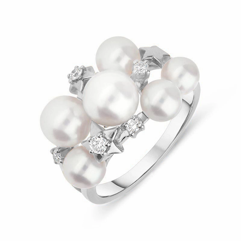 Mikimoto 18ct White Gold Diamond White Akoya Pearl Stars Ring