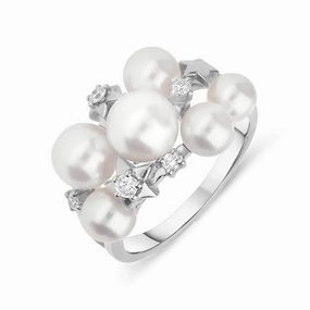 Mikimoto 18ct White Gold Diamond White Akoya Pearl Stars Ring