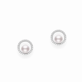 Mikimoto Circle 18ct White Gold Diamond 6mm White Akoya Pearl Stud Earrings
