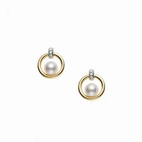 Mikimoto Circle 18ct White Yellow Gold Diamond 5.5mm White Akoya Pearl Stud Earrings