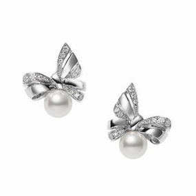 Mikimoto Jeux de Rubans 18ct White Gold 7.5mm Pearl 0.12ct Diamond Earrings