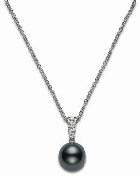 Mikimoto Morning Dew 18ct White Gold Diamond Black South Sea Pearl Pendant