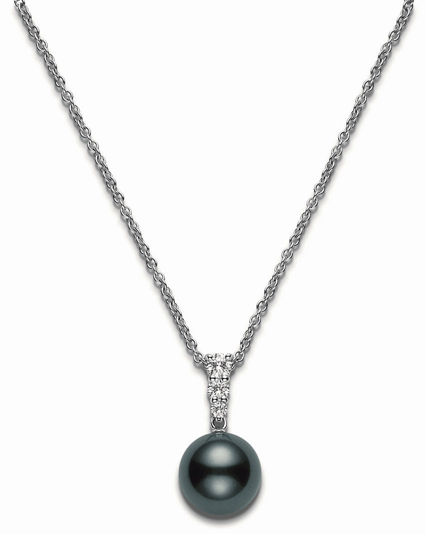 Mikimoto Morning Dew 18ct White Gold Diamond Black South Sea Pearl Pendant