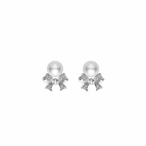 Mikimoto Ribbon 18ct White Gold Akoya Pearl Diamond Stud Earrings