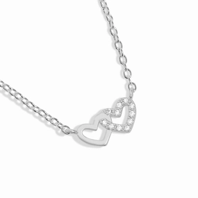 Mini Charms Pave Linked Hearts Silver Plated Necklace 7635