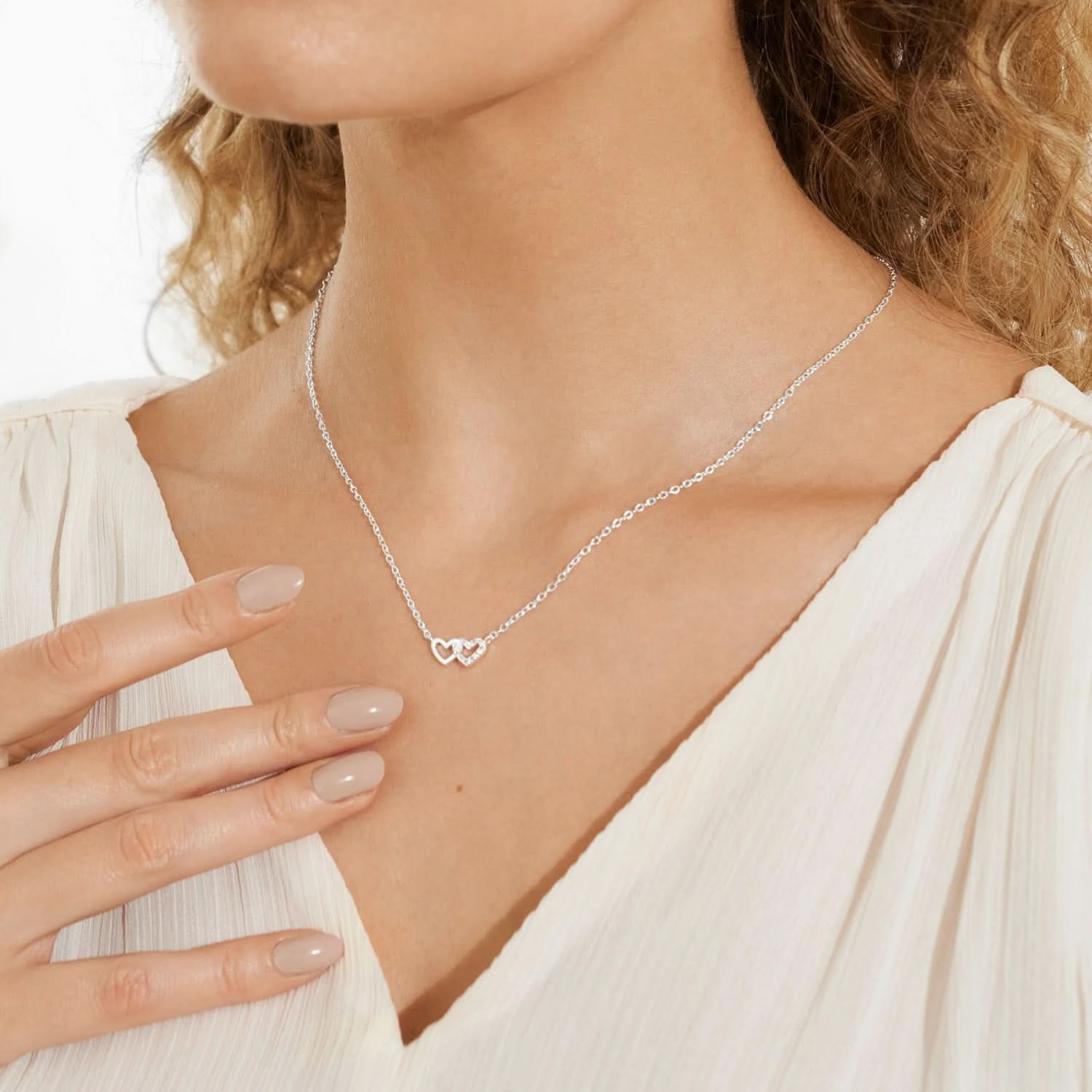 Mini Charms Pave Linked Hearts Silver Plated Necklace 7635