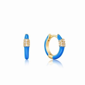 Neon Blue Enamel Carabiner Gold Huggie Hoop Earrings E040-01G-NB
