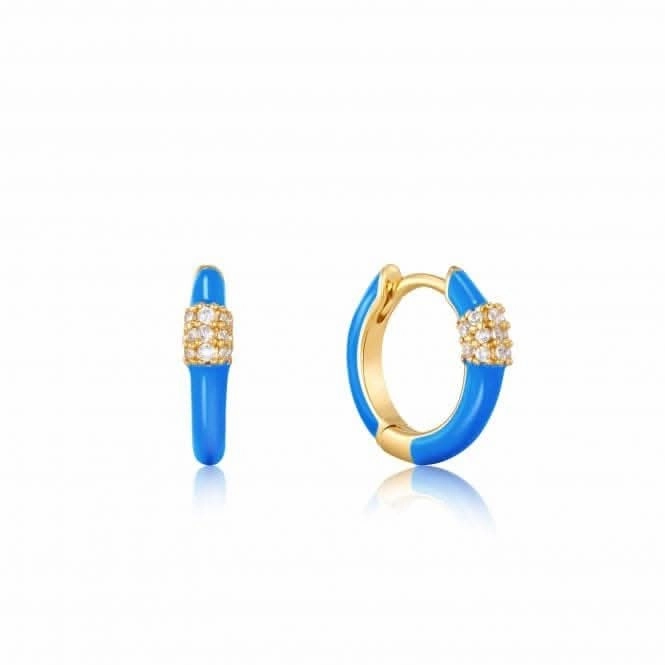 Neon Blue Enamel Carabiner Gold Huggie Hoop Earrings E040-01G-NB