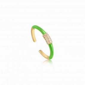 Neon Green Enamel Carabiner Gold Adjustable Ring R040-01G-NG