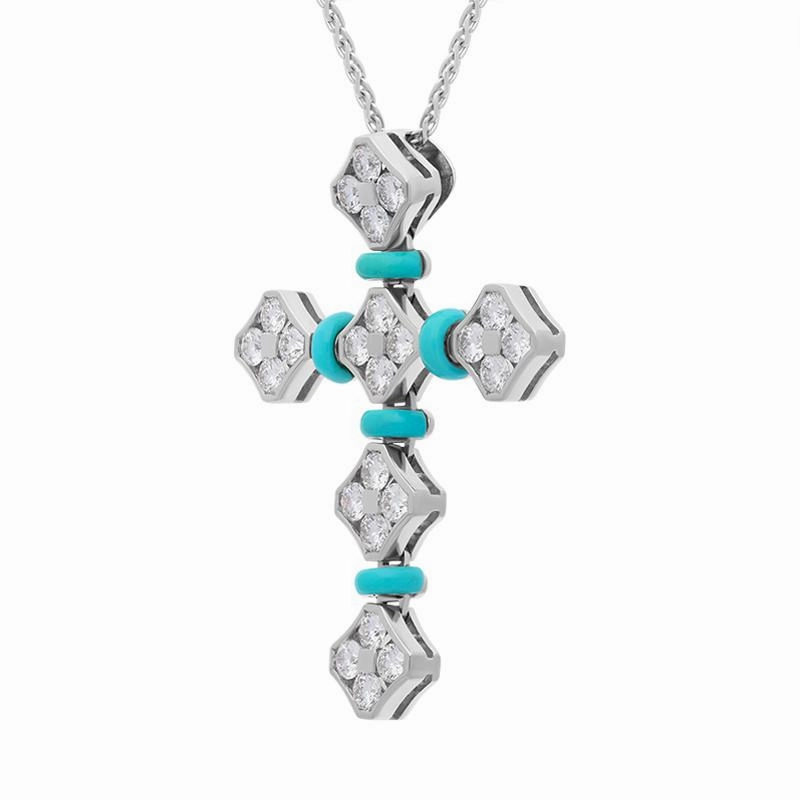Picchiotti 18ct White Gold Diamond Turquoise Cross Necklace D