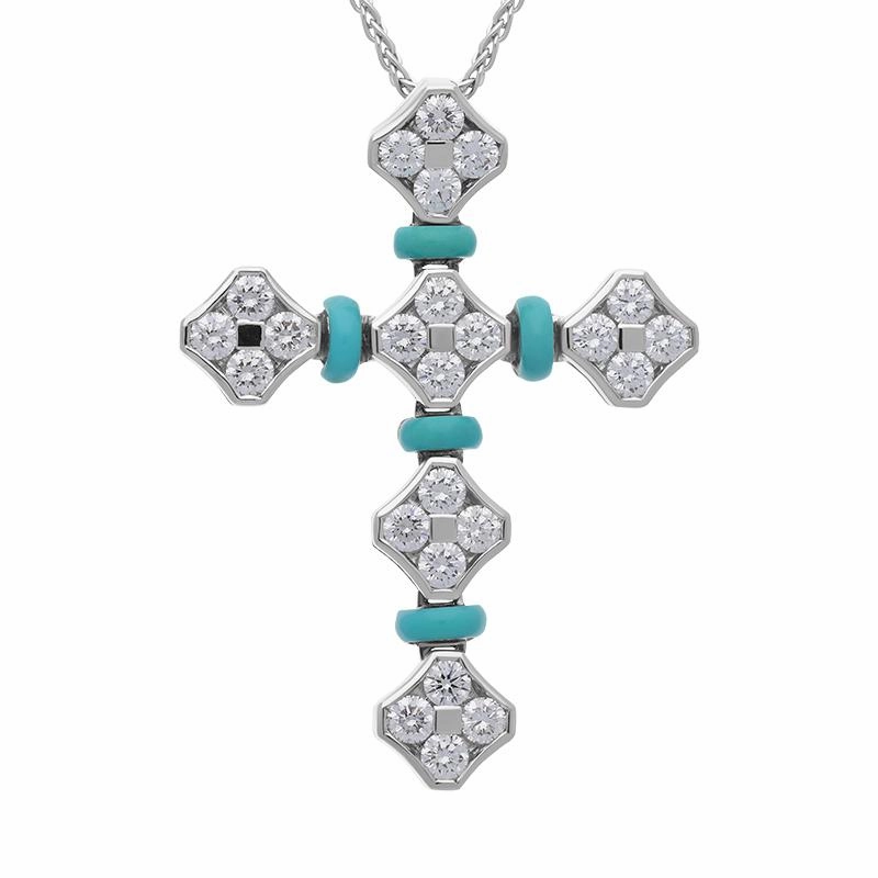 Picchiotti 18ct White Gold Diamond Turquoise Cross Necklace D