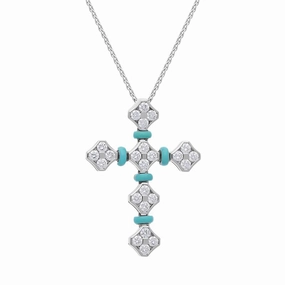 Picchiotti 18ct White Gold Diamond Turquoise Cross Necklace D