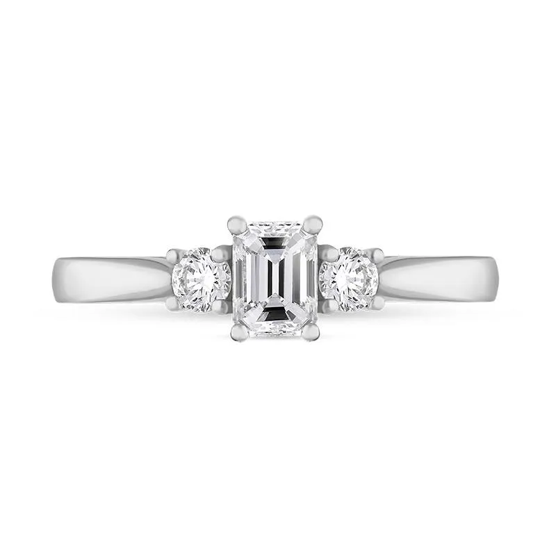 Platinum Diamond Emerald and Round Brilliant Cut Three Stone Ring