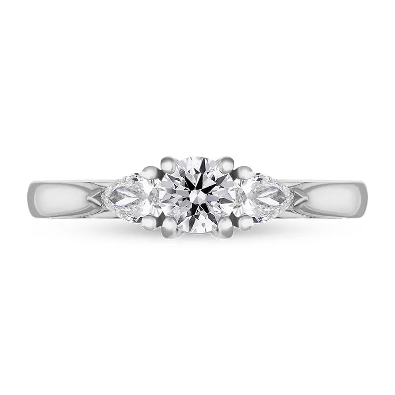 Platinum Diamond Round Brilliant and Pear Cut Three Stone Ring