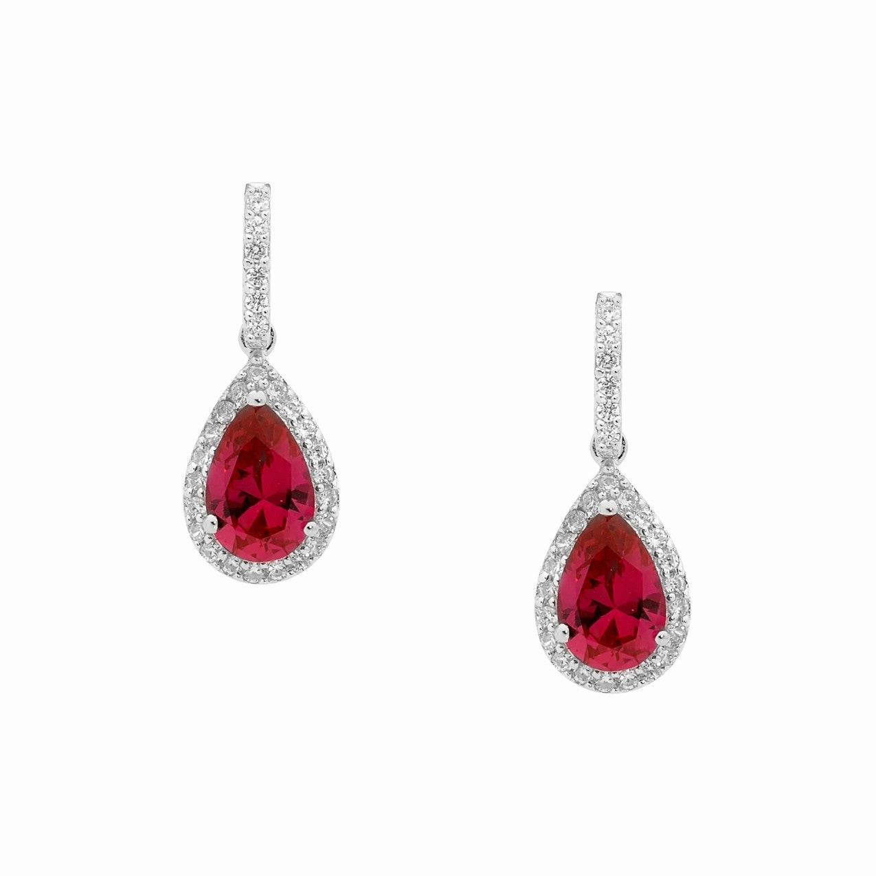 Red CZ Pear Drop with White CZ Surround - Pendant & Earring