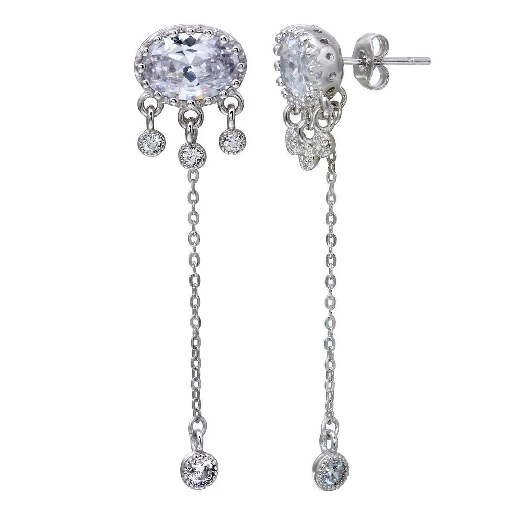 Rhodium Plated 925 Sterling Silver 1 Chain Drop Earring with CZ - STE01119