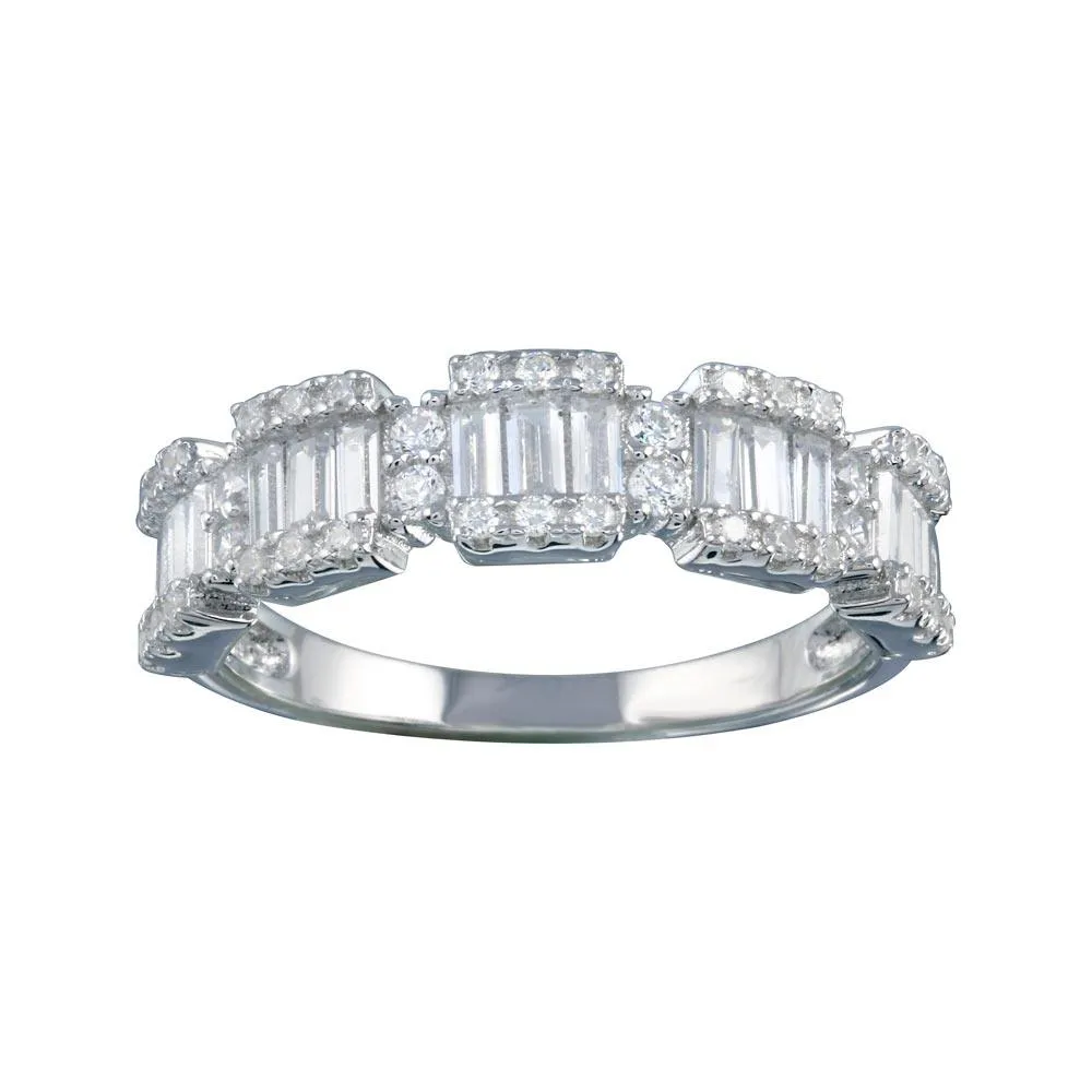 Rhodium Plated 925 Sterling Silver 5 Station Baguette CZ Ring - BGR01312