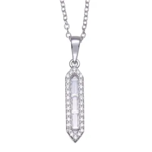 Rhodium Plated 925 Sterling Silver Baguette Vertical Bar CZ Necklace - BGP01362