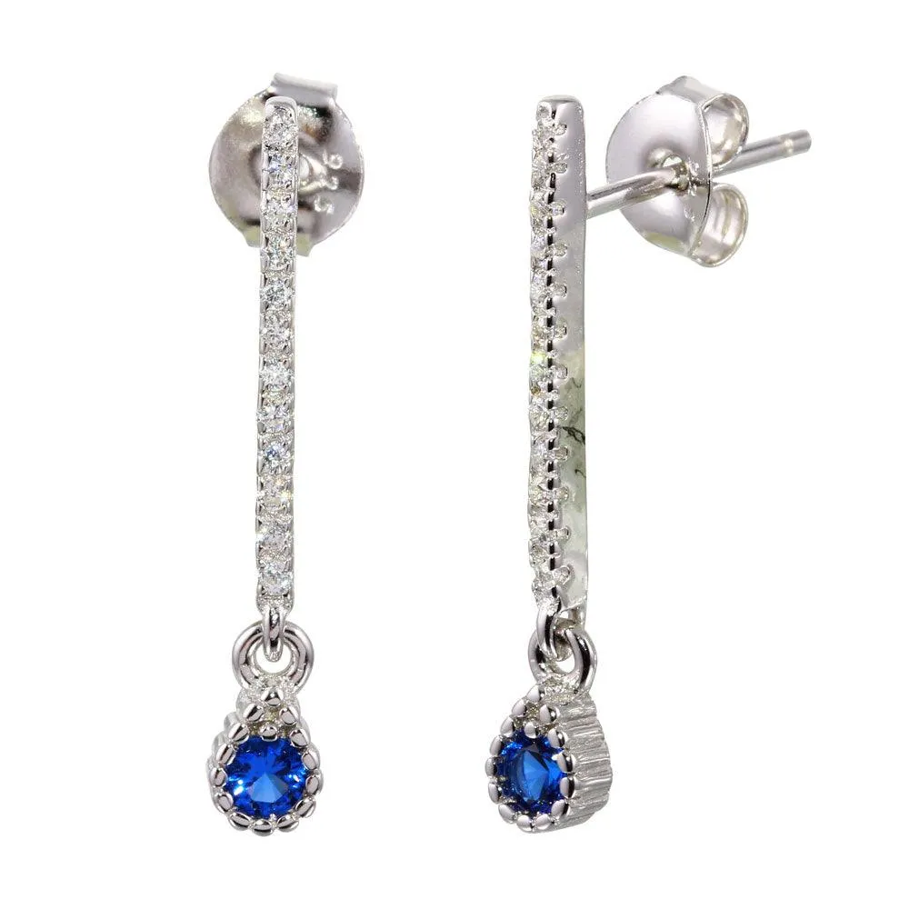 Rhodium Plated 925 Sterling Silver Blue CZ Bar Drop Earrings - BGE00557BLU